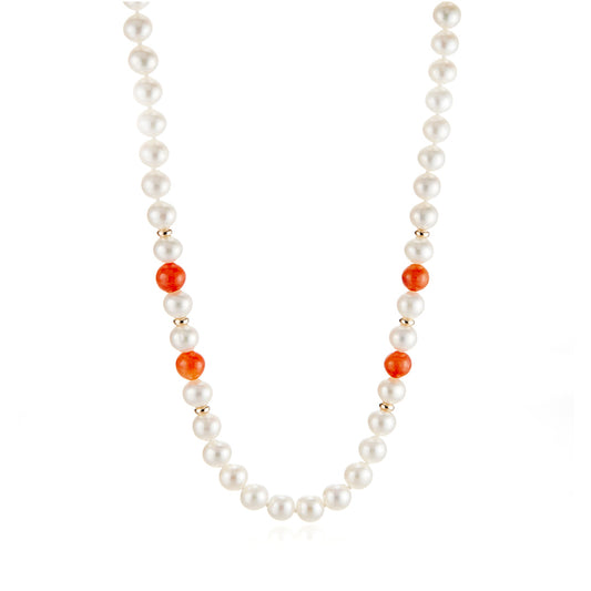 6mm Pearl & Red Jade Bead Station Rope Necklace